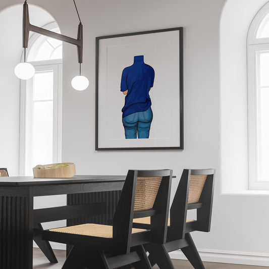 Framed digital art print of Baked Art - Jeans Denim Model 55 displayed in a modern dining room.