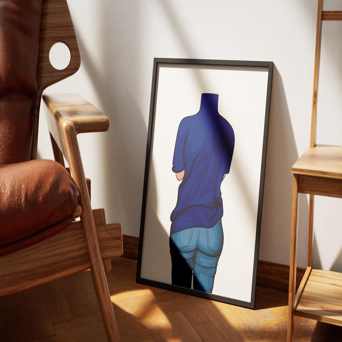 Baked Art - Jeans Denim Model 55 digital art framed in modern home setting.