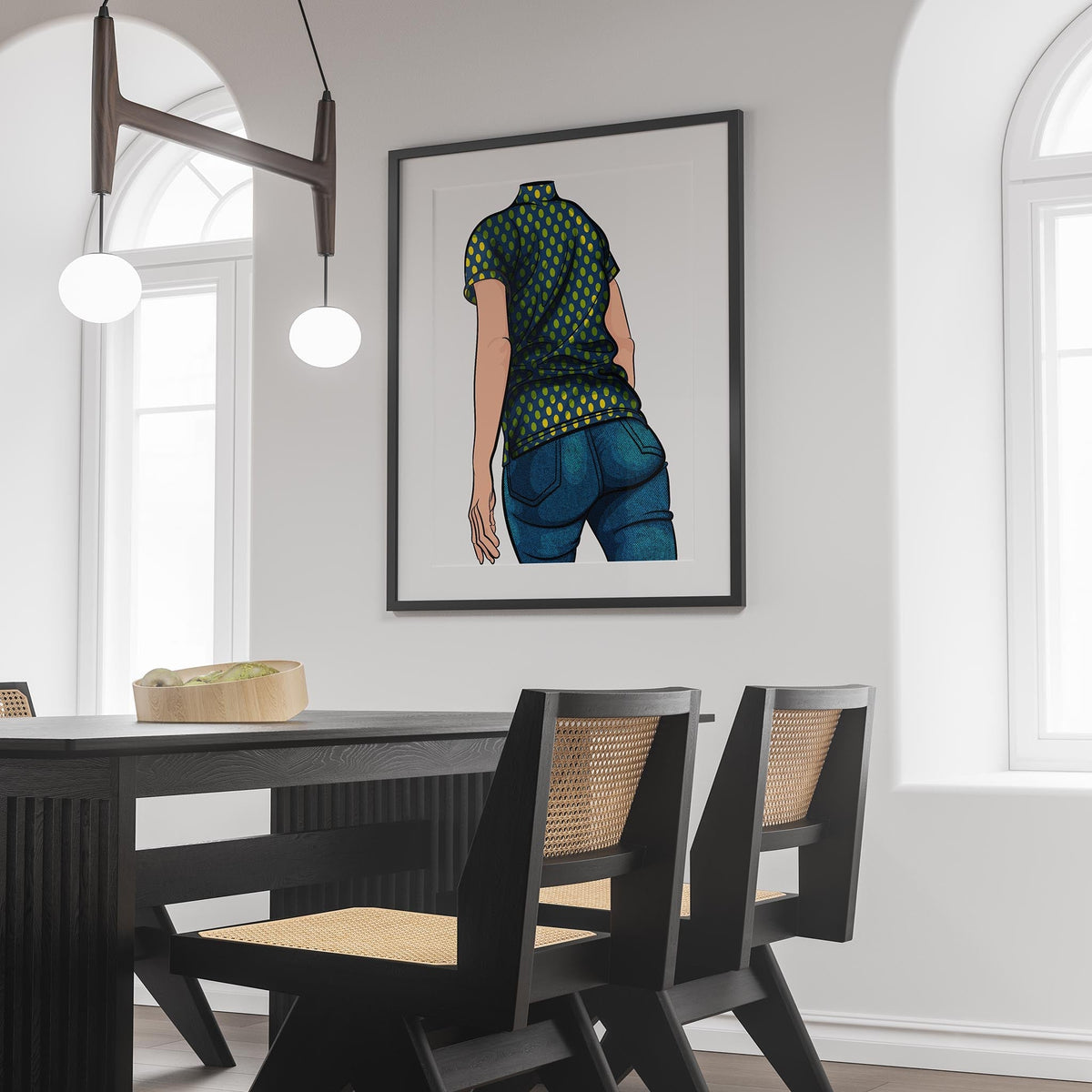 Illustration of Baked Art - Jeans Denim Model 56 in a modern dining room setting with dotted patterned top and retro flair.