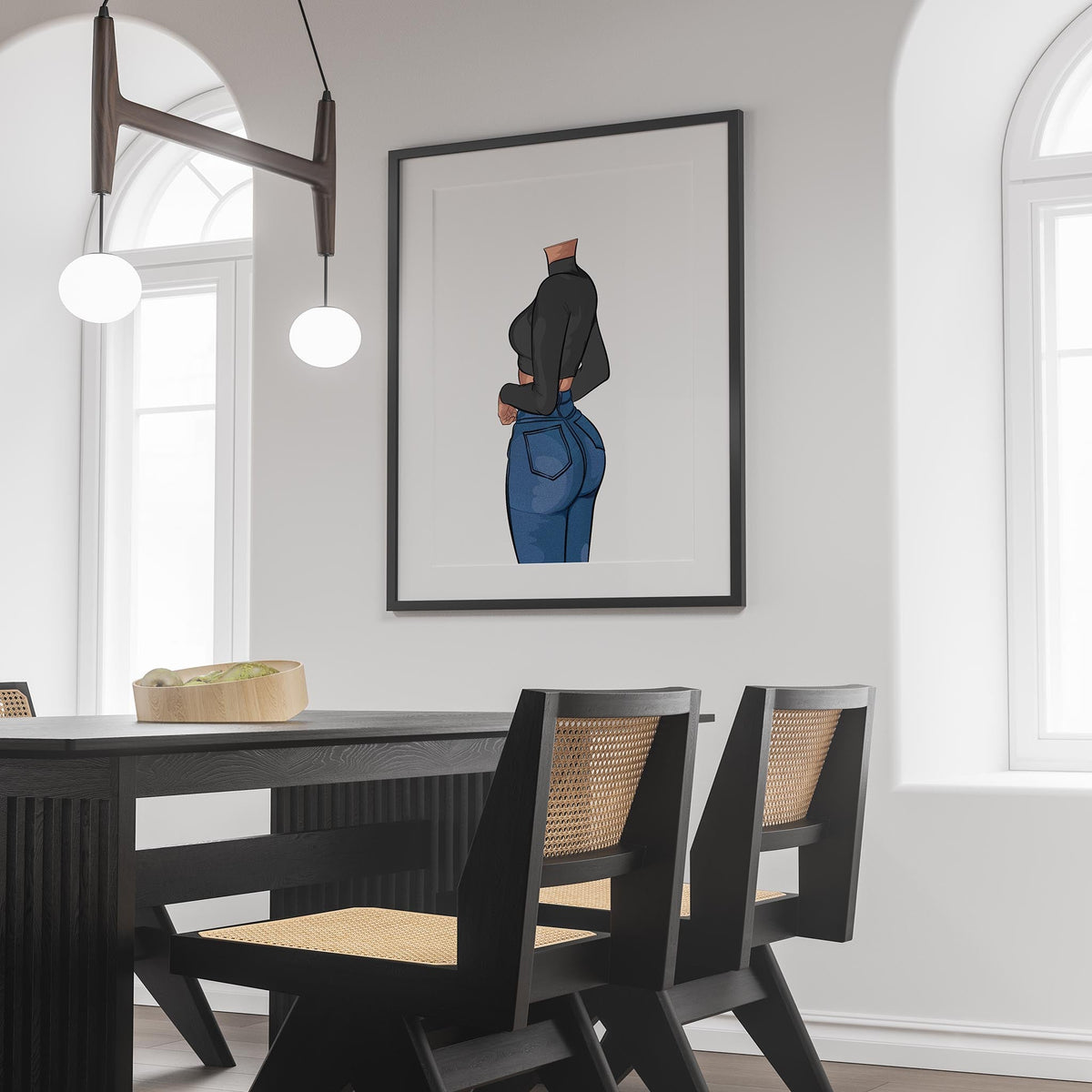 Digital art of a figure in high-waisted blue denim jeans and a black crop top; Baked Art - Jeans Denim Model 63.