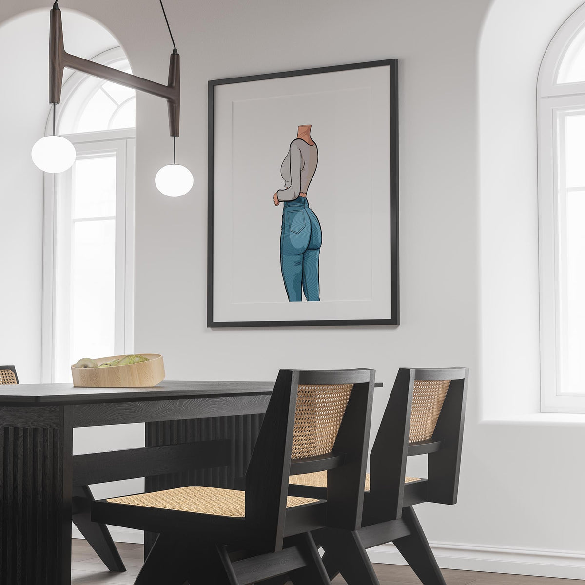 Framed artwork of a model in high-waisted jeans and crop top, titled "Baked Art - Jeans Denim Model 69", displayed in a modern dining room.