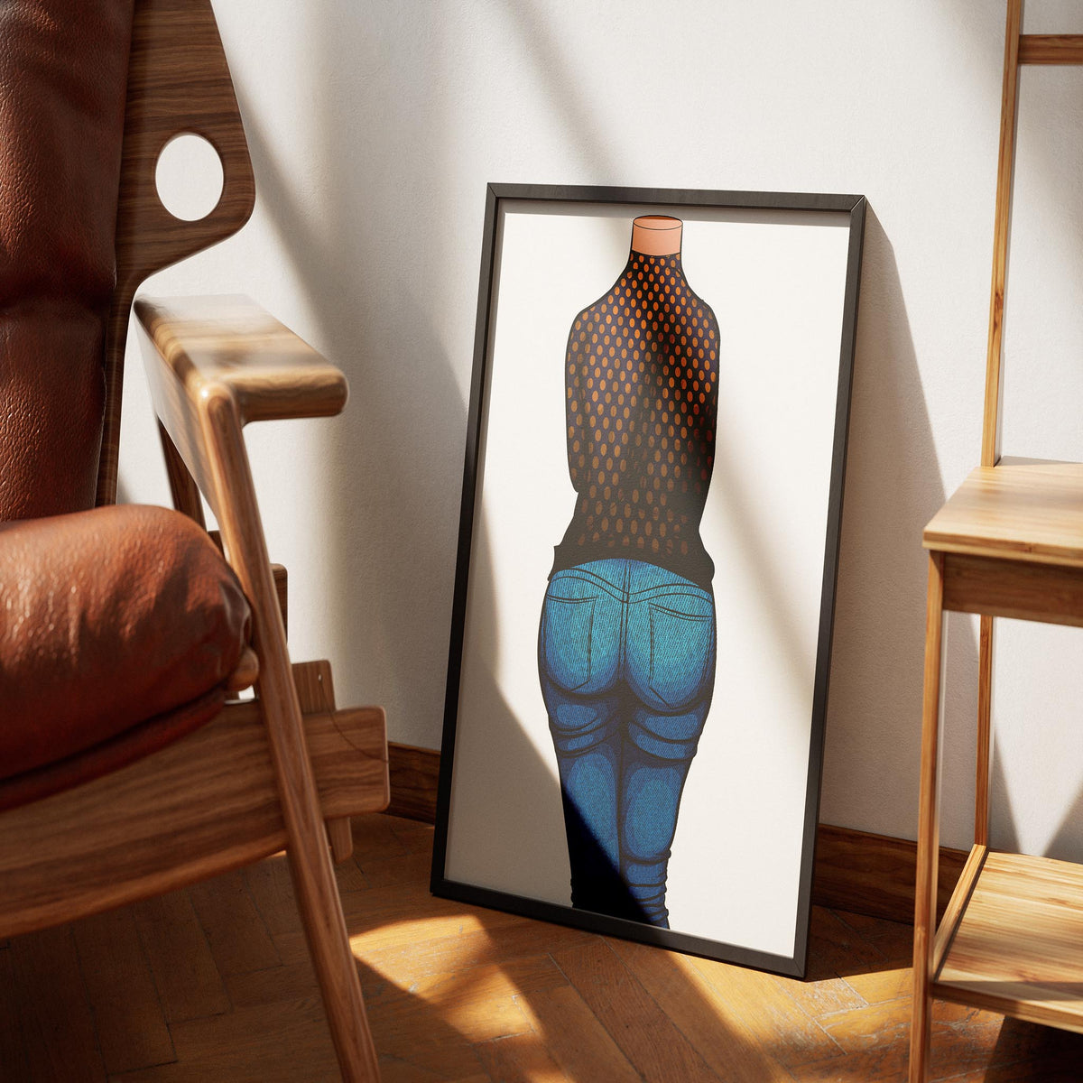 Jeans Denim Model 6 digital art with polka dot top in wooden frame.