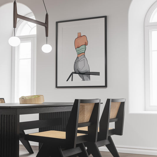 Framed digital artwork of model in jeans and strapless top from Baked Art - Jeans Denim Model 70 series, displayed in a modern room.