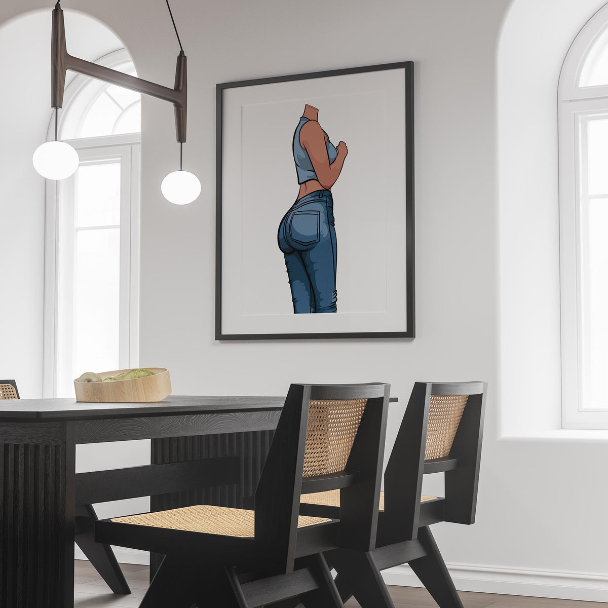 Framed pop art digital print of high-waisted jeans in modern dining room.