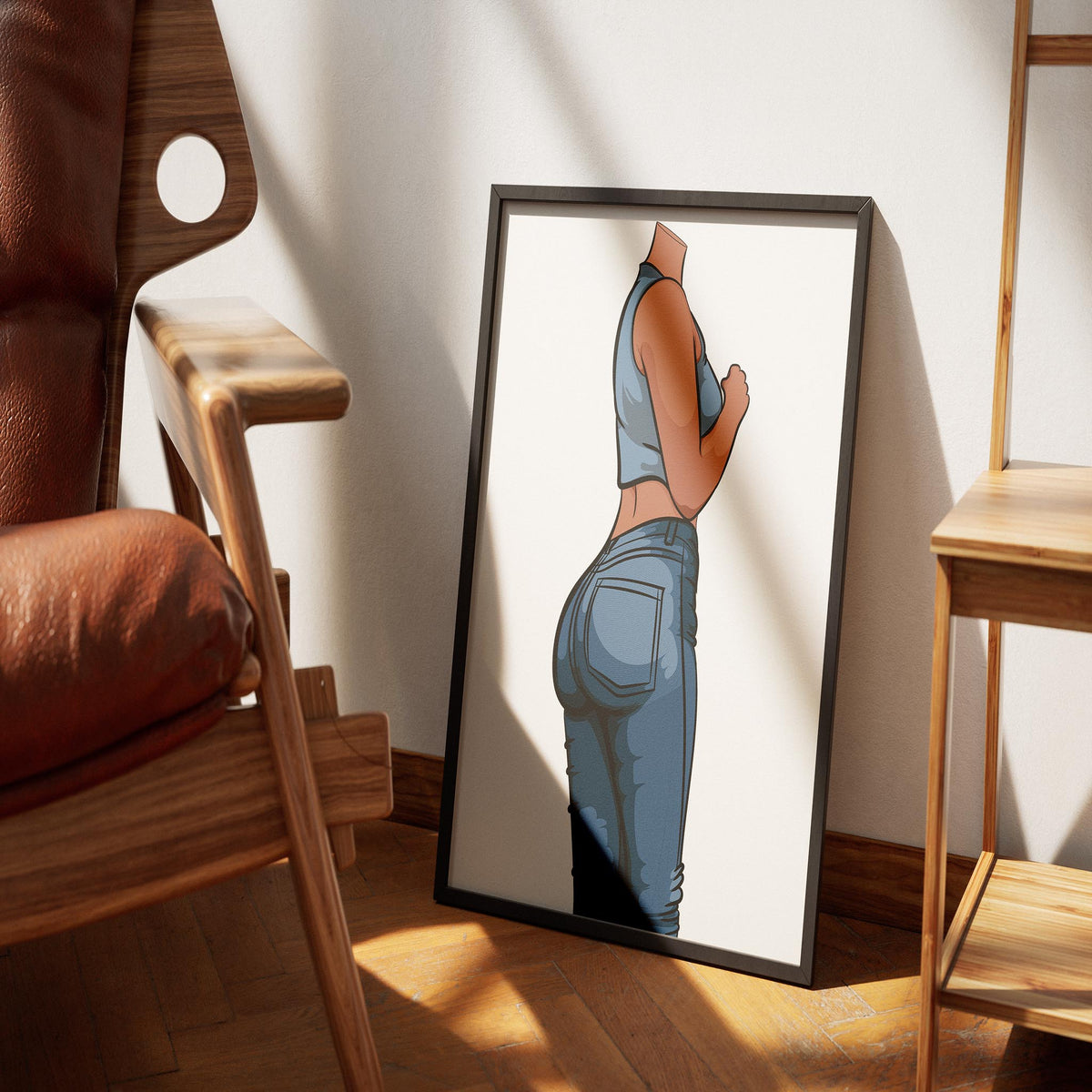 Modern pop art digital print of high-waisted denim fashion, showcasing sleek curves and chic style.