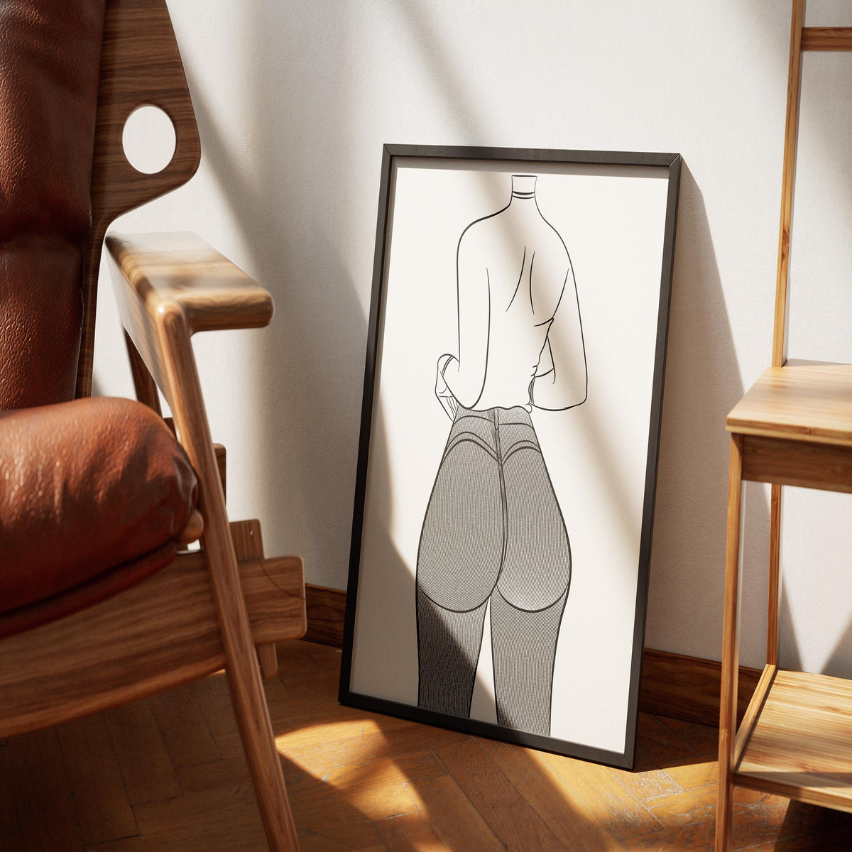 Line art illustration of Jeans Denim Model 32 in a sleek frame against a stylish interior setting.