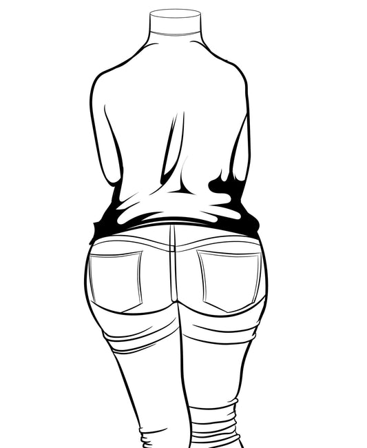 Jeans Denim Model 6 line art illustration showcasing retro chic fashion with high-waisted jeans.