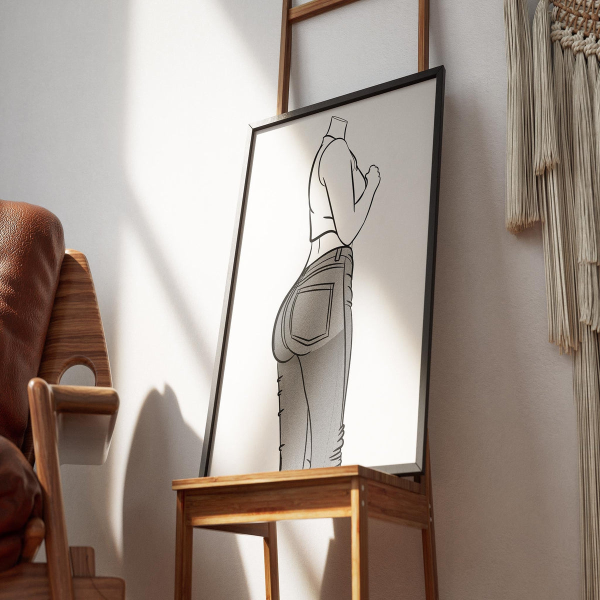 Digital pop art print of high-waisted jeans, showcasing sleek curves and stylish denim textures, perfect for modern decor.