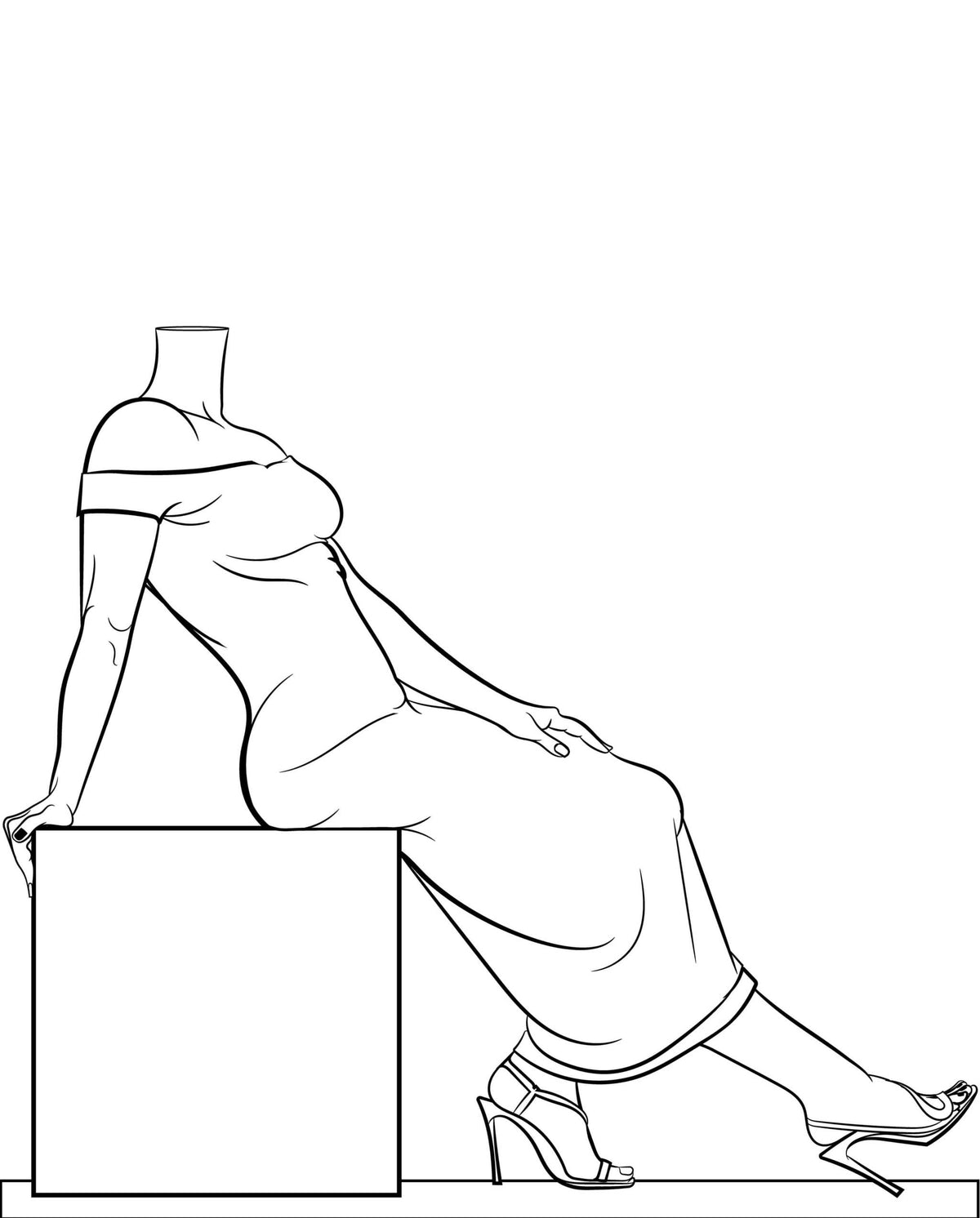 Line Art of Elegant Red Dress with Off-Shoulder Design