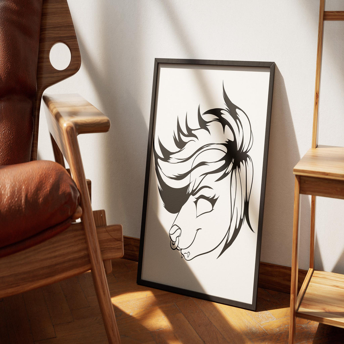 Framed line art of a fursona with bold mane, titled Furries Model 25, displayed on the floor next to wooden furniture.