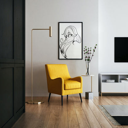 Furries Model 26 - Digitalized Arts line art framed in modern living room with yellow chair.