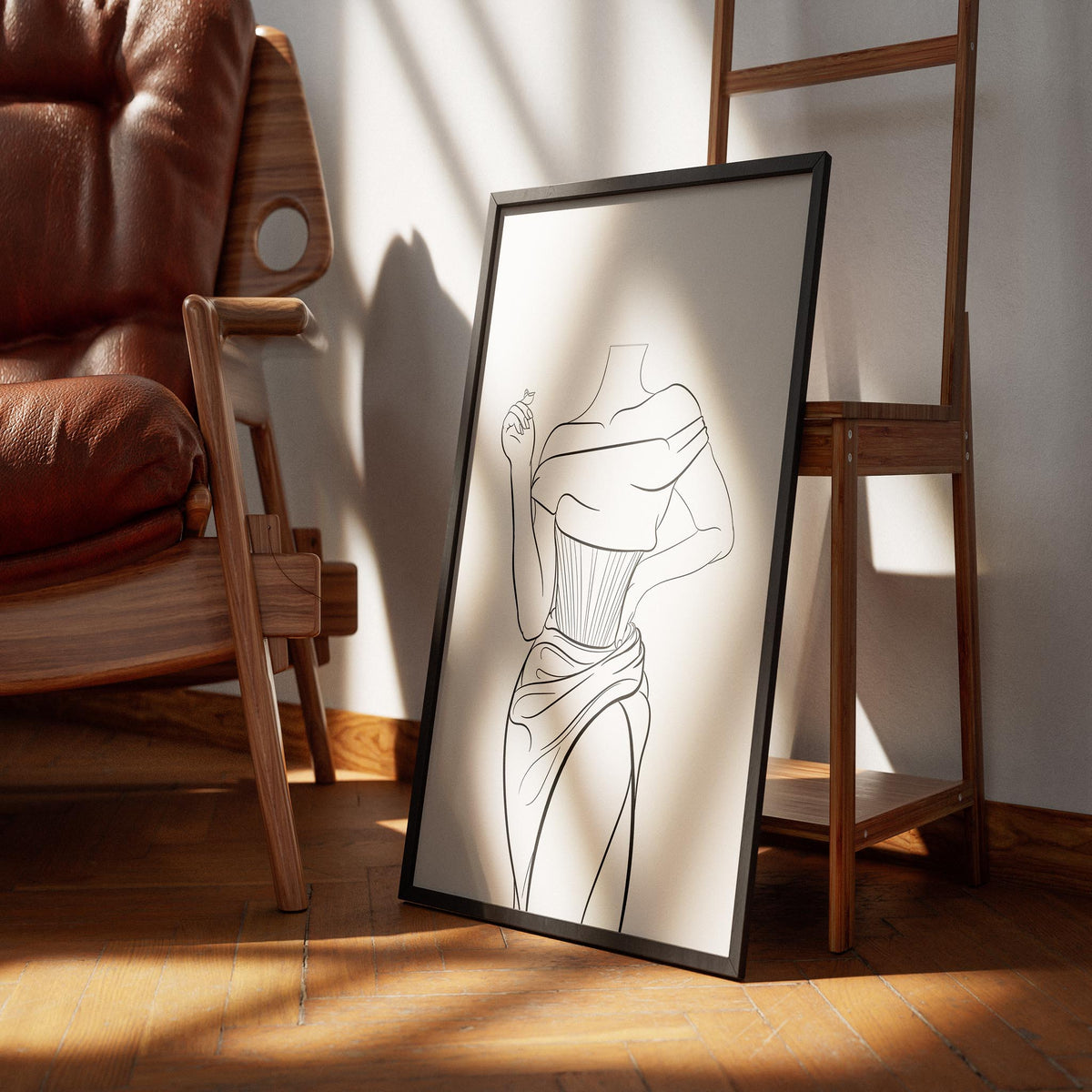 Line art of elegant corset dress in a frame, showcasing off-shoulder draping, ideal for decor or artistic projects.