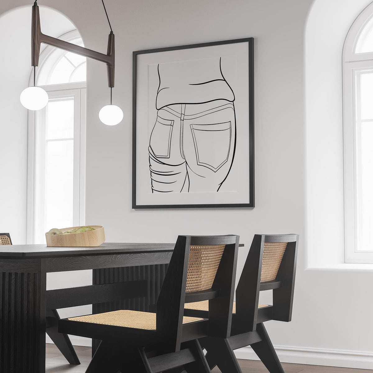 Line art of Jeans Denim Model 44 in a modern dining room setting.