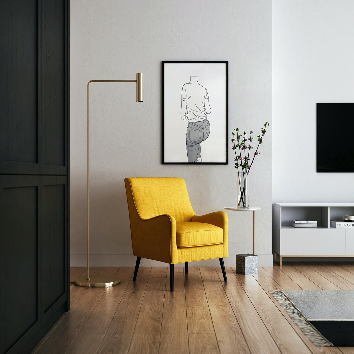 Interior with framed jeans-themed line art, yellow armchair, and modern decor.