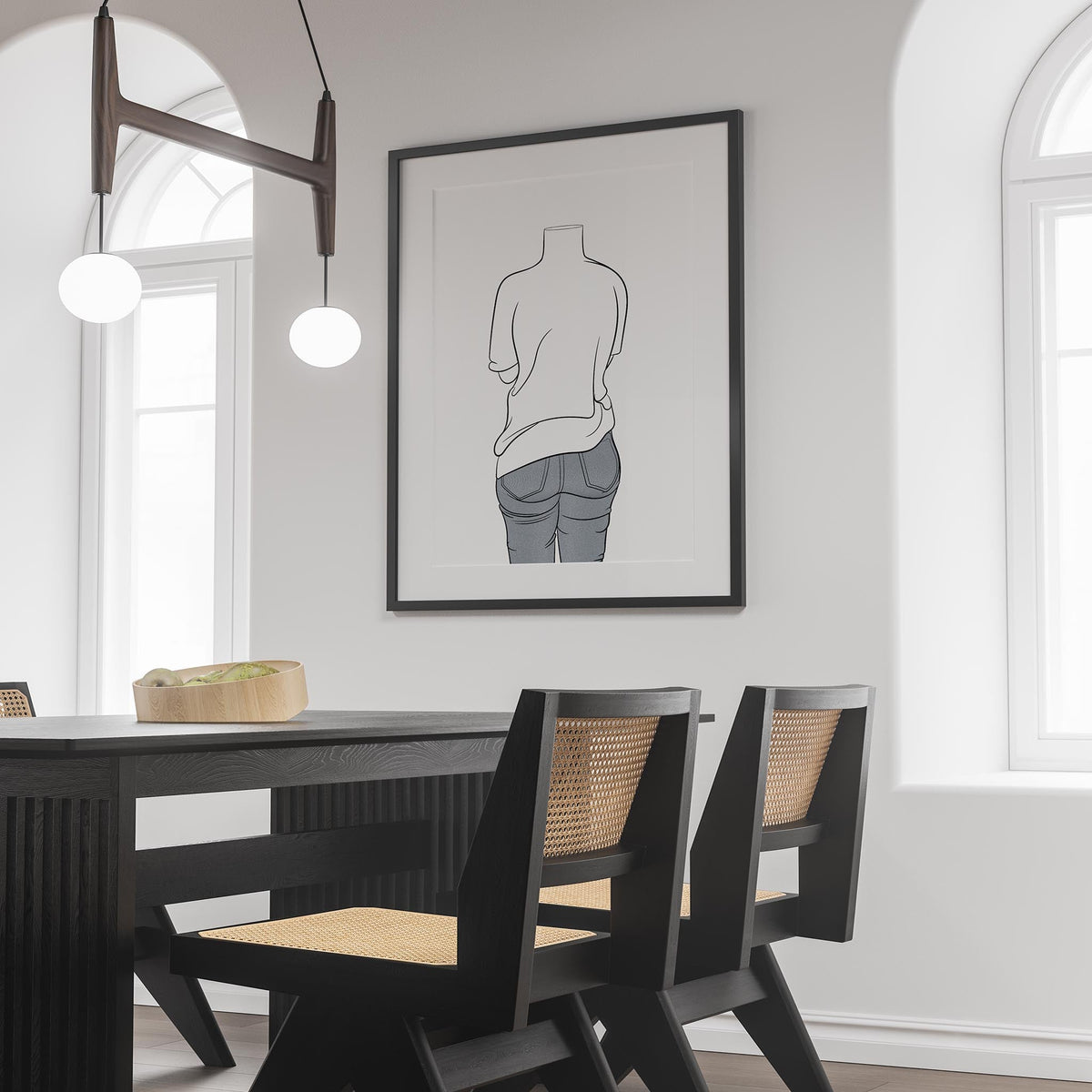 Line Art - Jeans Denim Model 55 framed artwork in modern dining room.
