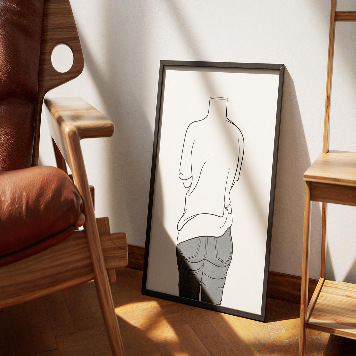 Line Art - Jeans Denim Model 55 framed digital art on floor near wooden chair.