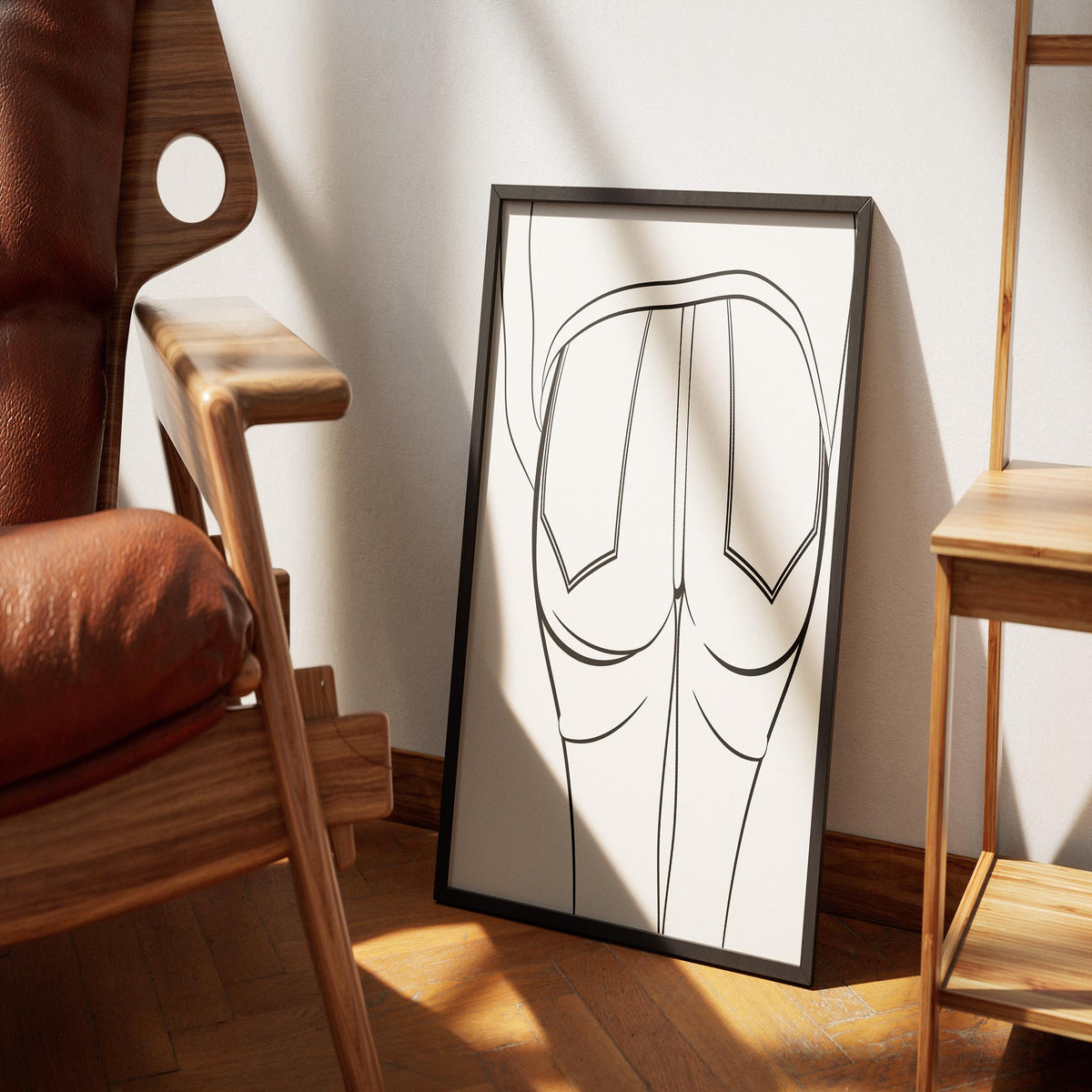 Line art illustration of jeans denim model 58 in a modern frame against a wall.