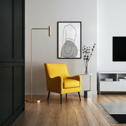 Line art of character wearing blue jeans and dark top, highlighting denim texture and creases, displayed in a modern interior setting.