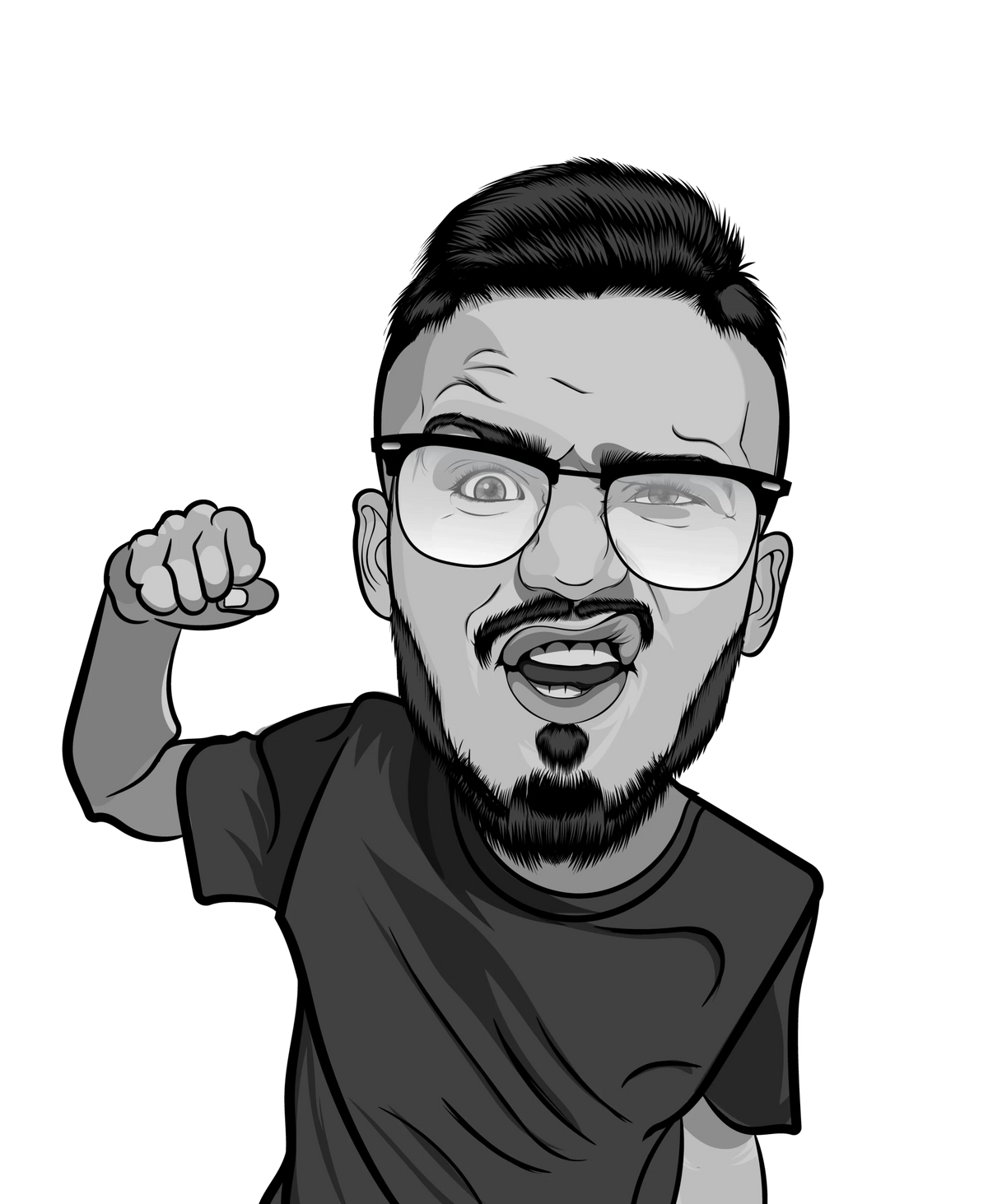 Custom 2D line art digital caricature of a man with glasses in black and white.